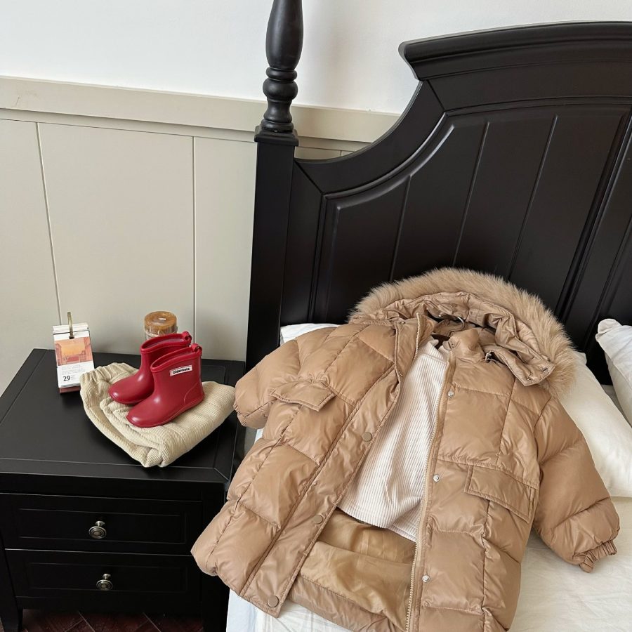 Solid Color Fur Collar Down Jacket Baby Long Section - Image 4